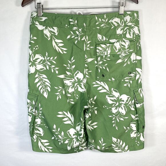 Planks Hawaiian Sz 32 Green Hibiskus Board Shorts Swimsuit Mens Swim Trunk Cargo - Picture 2 of 7